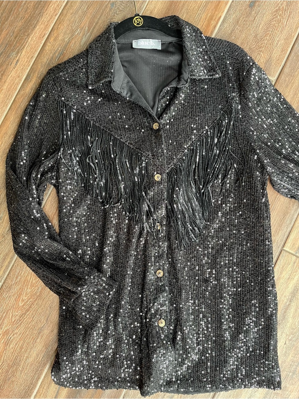 Black Sequin Button Down Black Western Fringe Shirt Size S - Picture 10 of 12